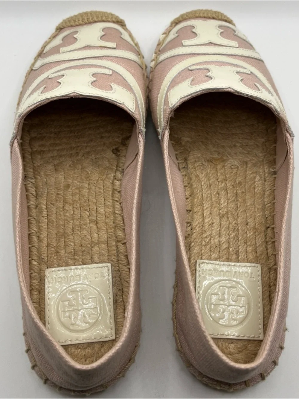 Tory Burch Ines Espadrille Poppy Pink Canvas Patent Leather Logo Flats Womens 7M